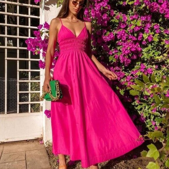 Zara Hot Pink Voluminous Poplin Midi Dress Size Medium 41239 - Picture 1 of 15